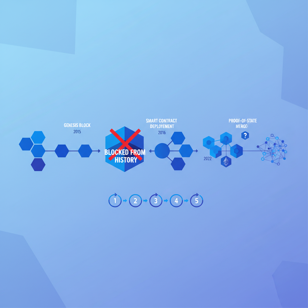 Ethereum blockchain timeline, smart contract blocked from history, minimalist blue tones