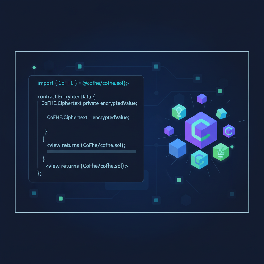 Solidity code snippet importing CoFHE library, glowing encrypted symbols, dark blockchain background