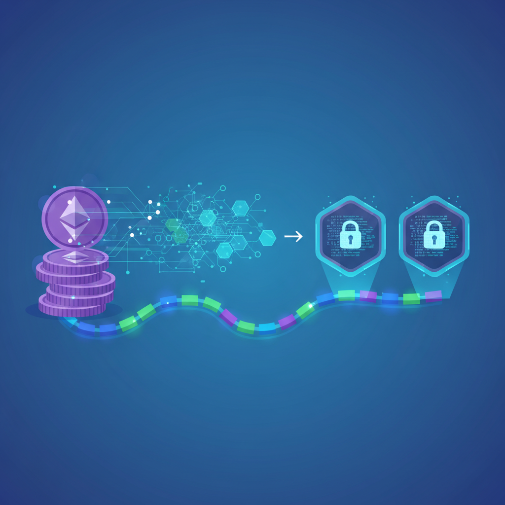 ETH coins morphing into glowing shielded encrypted tokens, encryption process visualization, vibrant blockchain energy