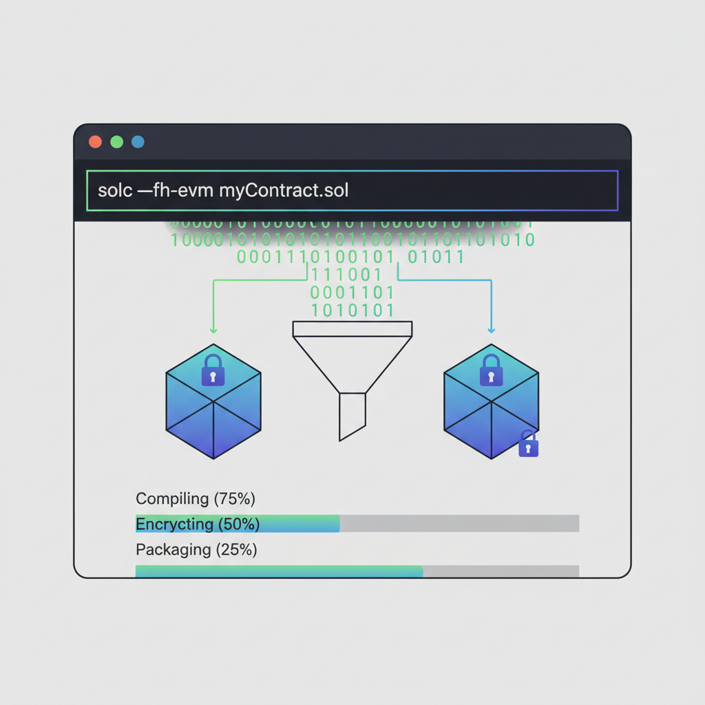 Terminal compiling Solidity fhEVM contract, binary code transforming to encrypted blocks, progress bars