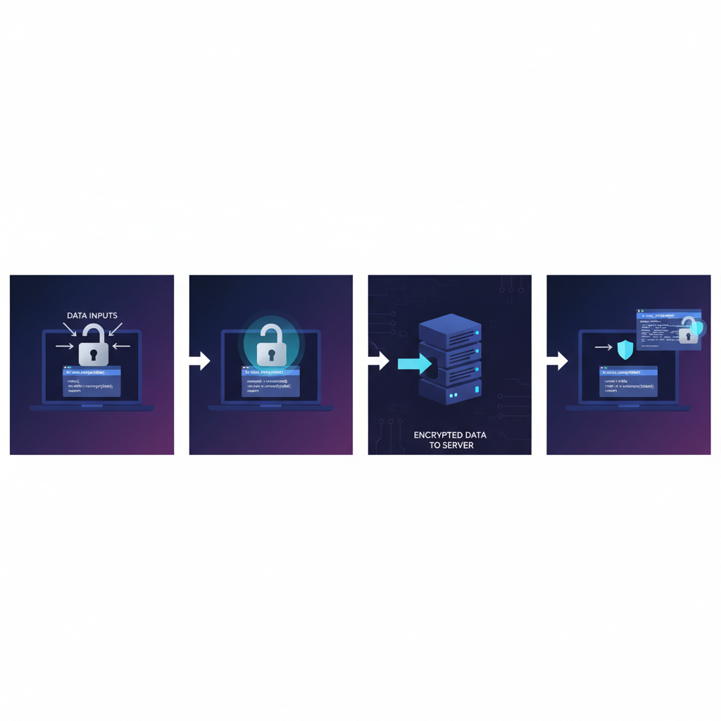 client-side FHE encryption with tfhe-rs code, secure padlock on data inputs, dark tech theme