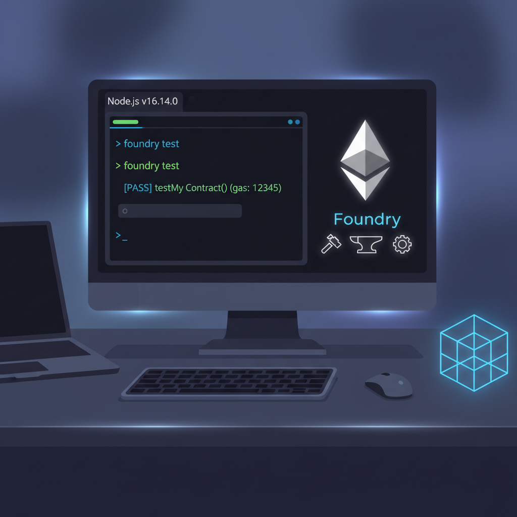 Developer workstation with Node.js terminal, Foundry tools, Ethereum logo, clean dark theme