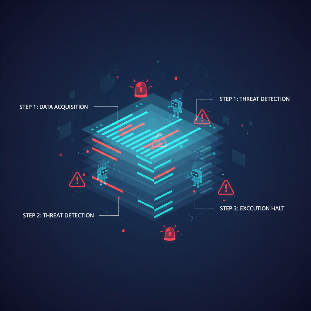 abstract transparent order book with scanning bots and red alert icons, dark blue tones