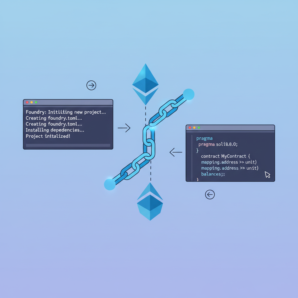 Command line terminal initializing Foundry project, Ethereum chain links forming, minimalistic code editor