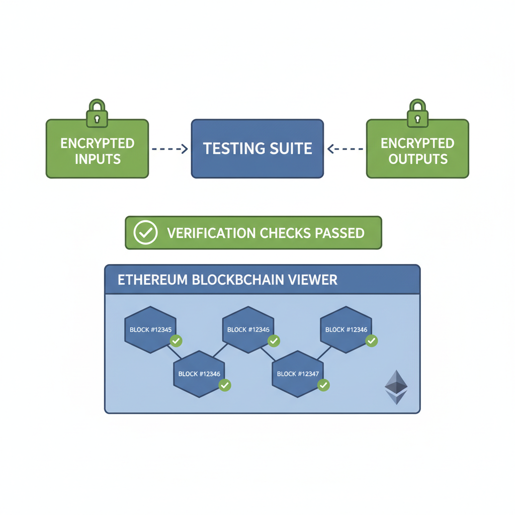 Testing suite with encrypted inputs/outputs, verification checks passing, Ethereum blockchain viewer