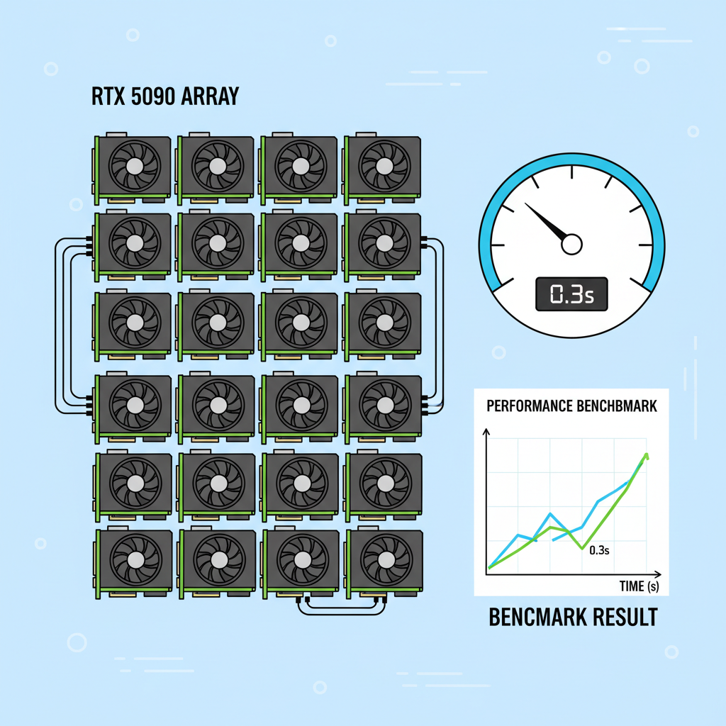 Array of 64 RTX 5090 GPUs, speedometer at 0.3s, benchmark graph