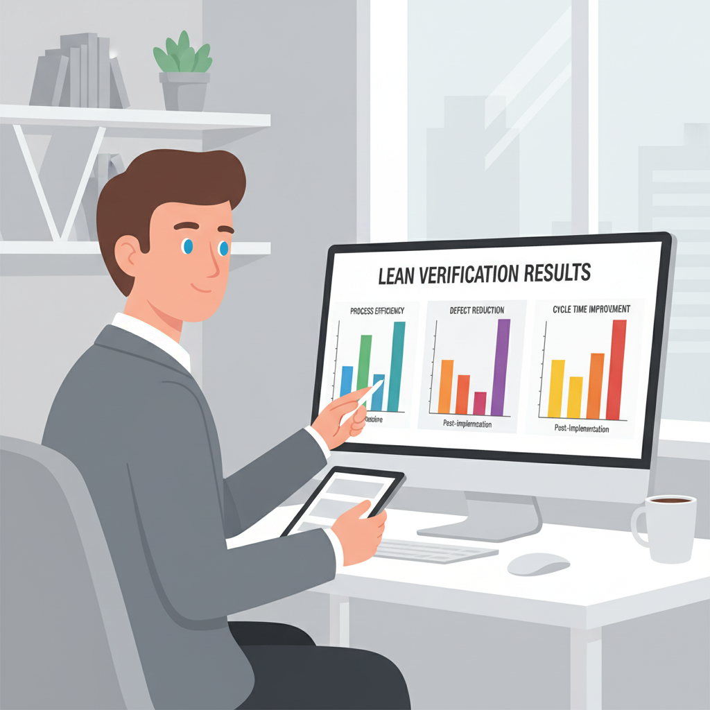 analyst at desk reviewing Lean verification results charts, professional setting